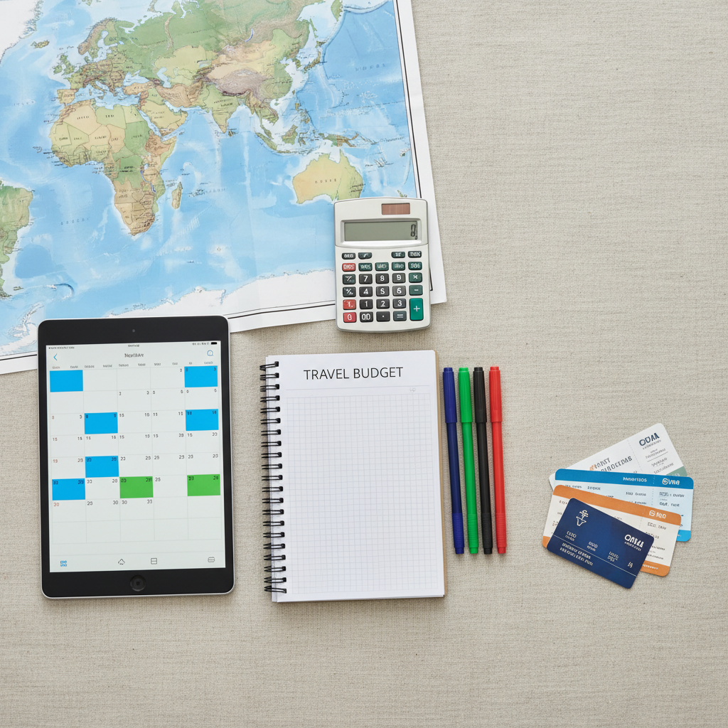 A carefully curated flat lay of travel essentials arranged on a neutral linen surface: a detailed paper world map folded to show multiple continents, a slim black tablet displaying a calendar filled with neatly blocked travel dates, a compact calculator, and a set of color-coded pens aligned with a spiral-bound budget notebook. Nearby, a small stack of hotel key cards and transit passes suggests diverse, affordable journeys. Soft, diffused daylight from above creates even illumination with minimal shadows, emphasizing clarity and precision. Photographic realism with a balanced, rule-of-thirds composition gives each item breathing space, creating a professional, analytical yet warm atmosphere that reflects thoughtful, budget-conscious trip planning.