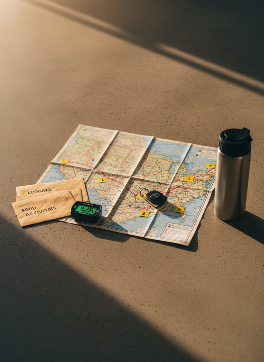 An overhead photographic realism shot of a meticulously planned multi-destination road trip spread out on a smooth concrete surface. A large, detailed fold-out road atlas is opened to a winding route marked with thin red pen lines and numbered sticky notes. A compact, fuel-efficient car key fob rests on the map, alongside a neatly stacked envelope system labeled for lodging, food, and activities budgets. A small digital mileage tracker and a refillable coffee thermos with a brushed stainless-steel finish complete the arrangement. Soft late-afternoon natural light from one side casts elongated, gentle shadows, adding depth and subtle warmth. The composition uses asymmetrical balance, with a shallow depth of field that sharpens focus on the marked route, conveying a mood of strategic, affordable adventure.