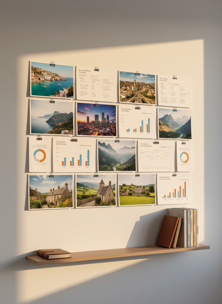 A modern travel agency inspiration board mounted on a matte white wall, filled with pinned high-resolution photos of varied destinations: a quiet coastal town, a bustling urban skyline, a serene mountain valley, and a charming countryside village. Alongside the images, neatly printed itinerary segments and color-coded budget charts are clipped with small metallic binder clips. A slim wooden ledge beneath holds a closed leather-bound planner and a tidy row of destination guidebooks. Gentle golden-hour light from an unseen side window grazes the wall, casting soft shadows behind the pins and papers. Captured at eye level in photographic realism with sharp focus and a slightly wide frame, the mood is aspirational yet grounded, highlighting the diversity and attainability of well-planned trips for any budget.