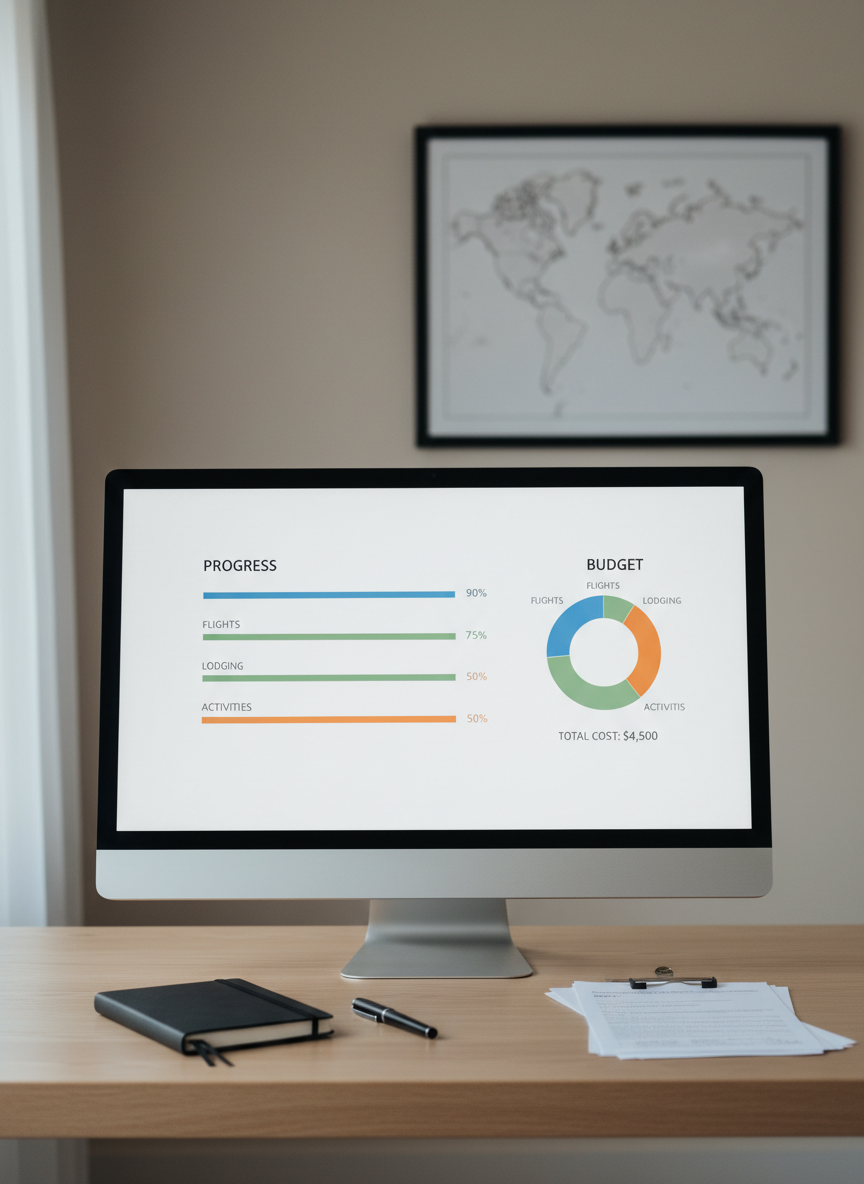 A minimalist, professional travel planning dashboard displayed on a large, slim-framed monitor atop a light oak desk. The screen shows a clean interface with color-coded progress bars for flights, lodging, and activities, alongside a pie chart breaking down total trip costs. In front of the monitor sits a closed dark-gray notebook with an elastic band, a fine-tip pen, and a small stack of printed confirmation pages clipped together. The background is a softly blurred, neutral-toned wall with a single framed map in monochrome. Cool, diffused daylight from a nearby window creates a calm, even illumination without harsh contrasts. Photographic realism, framed straight-on at eye level with sharp focus, communicates an atmosphere of clarity, control, and professional-level organization in travel planning.